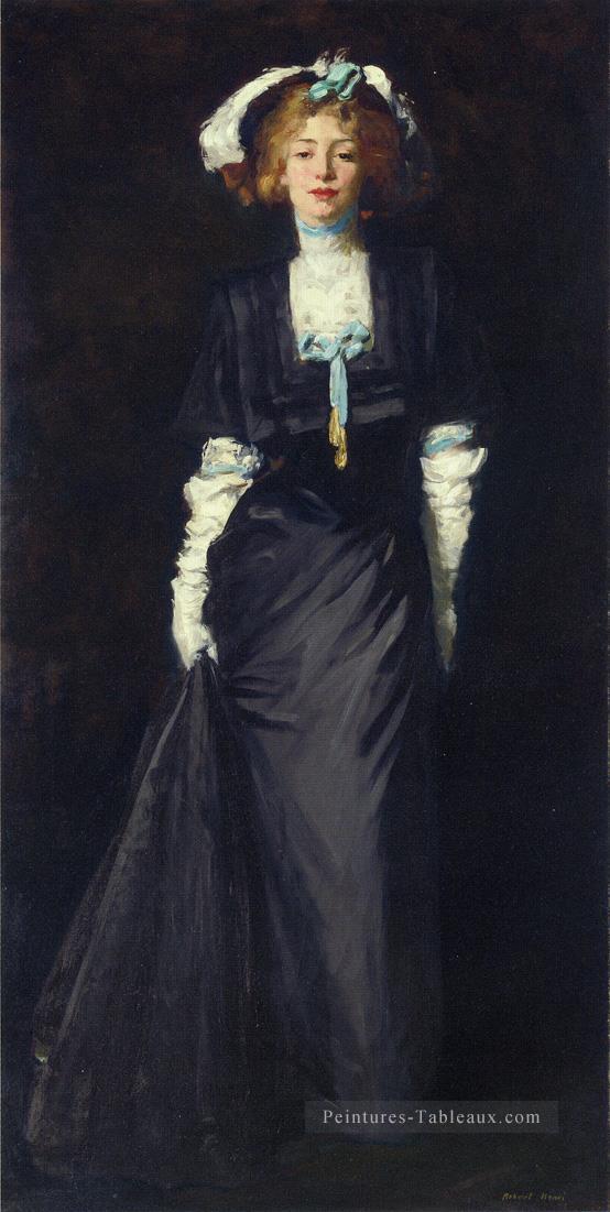 Jessica Penn en noir avec des plumes blanches portrait Ashcan école Robert Henri Peintures à l'huile
